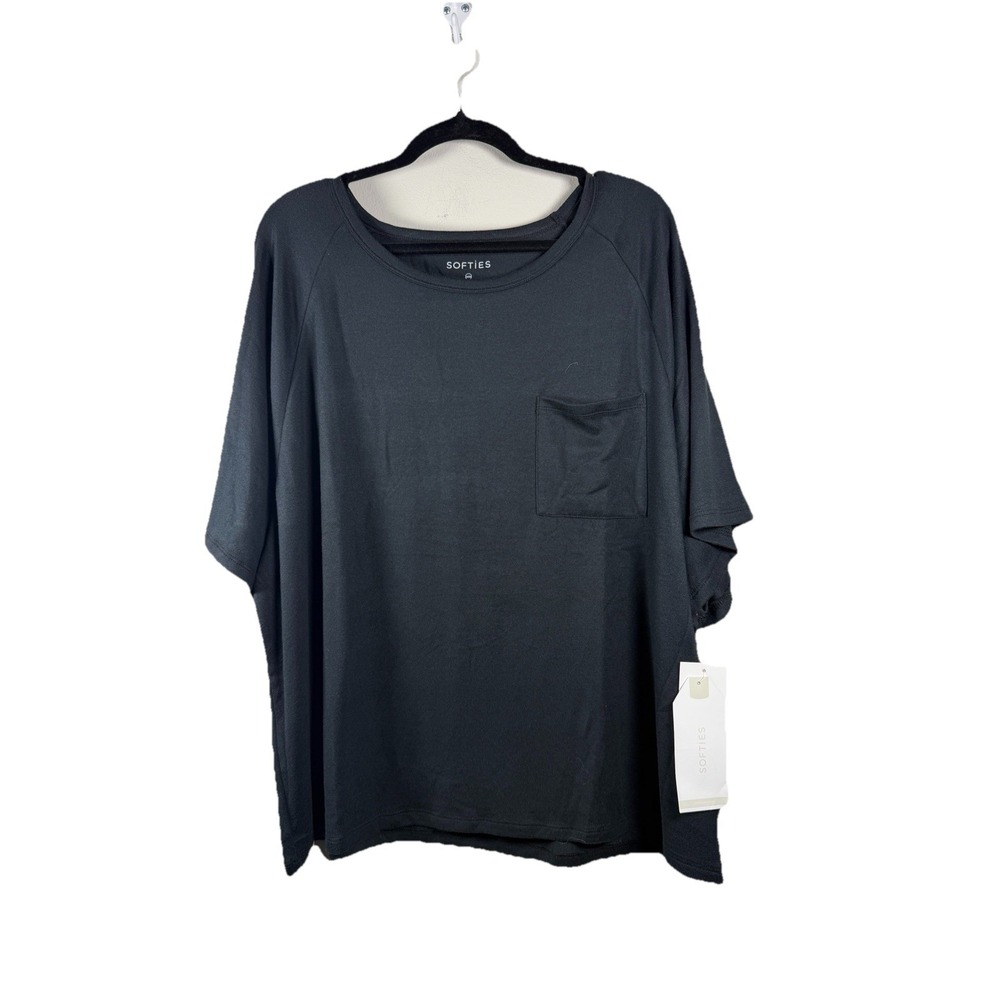 Softies Womens T-Shirt Top 2X/3X Black V-Neck Short Sleeve Rolled Cuff Sleep